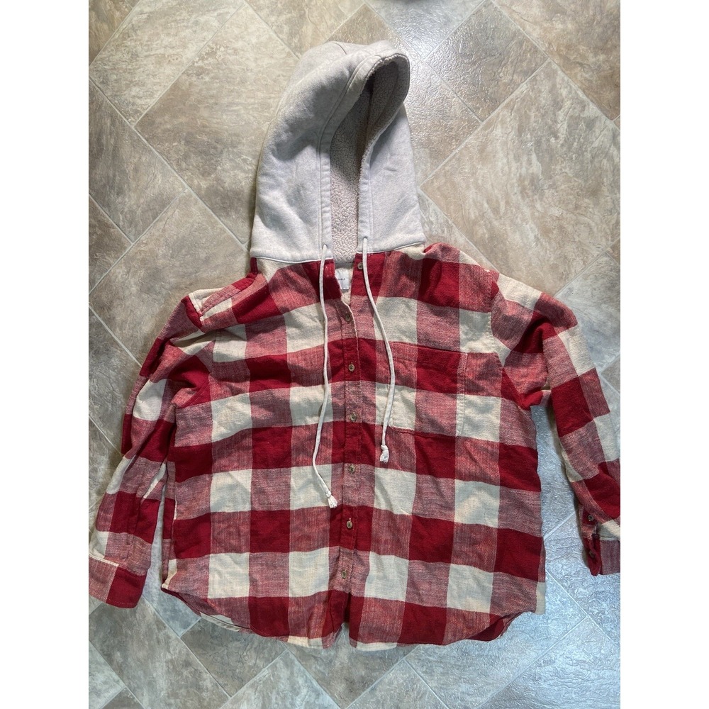 American Eagle Hooded Flannel Shirt Red Buffalo Plaid Sherpa Lined Hood XL